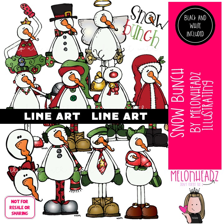 Snow Bunch clip art, Snowman clip art, Winter, Christmas LINE ART and BW