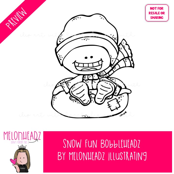 Snow Fun clip art, Bobbleheadz clip art, Winter clip art BLACK AND WHITE - Image 2