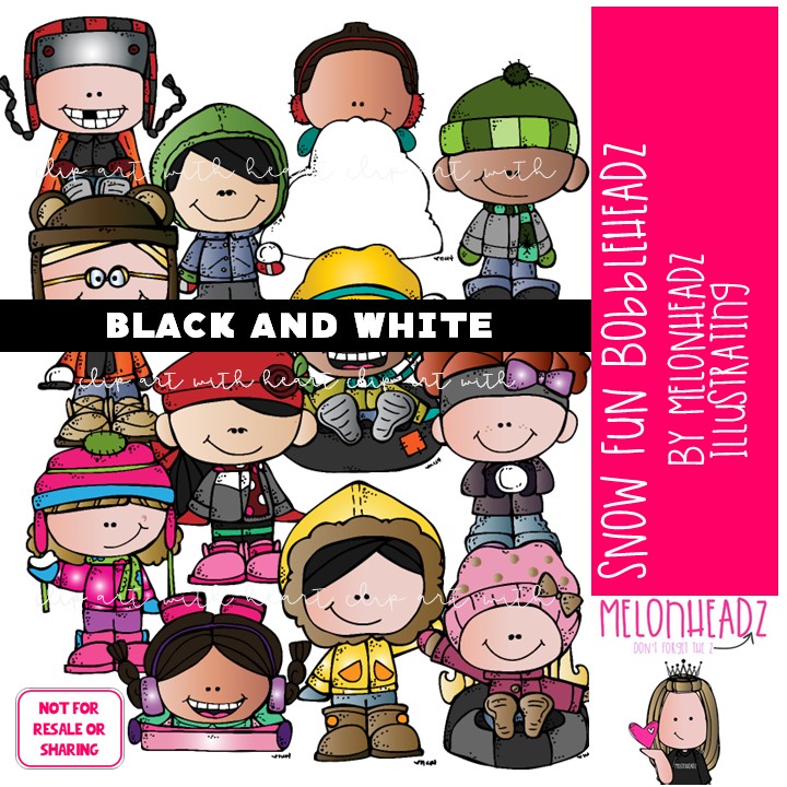 Snow Fun clip art, Bobbleheadz clip art, Winter clip art BLACK AND WHITE