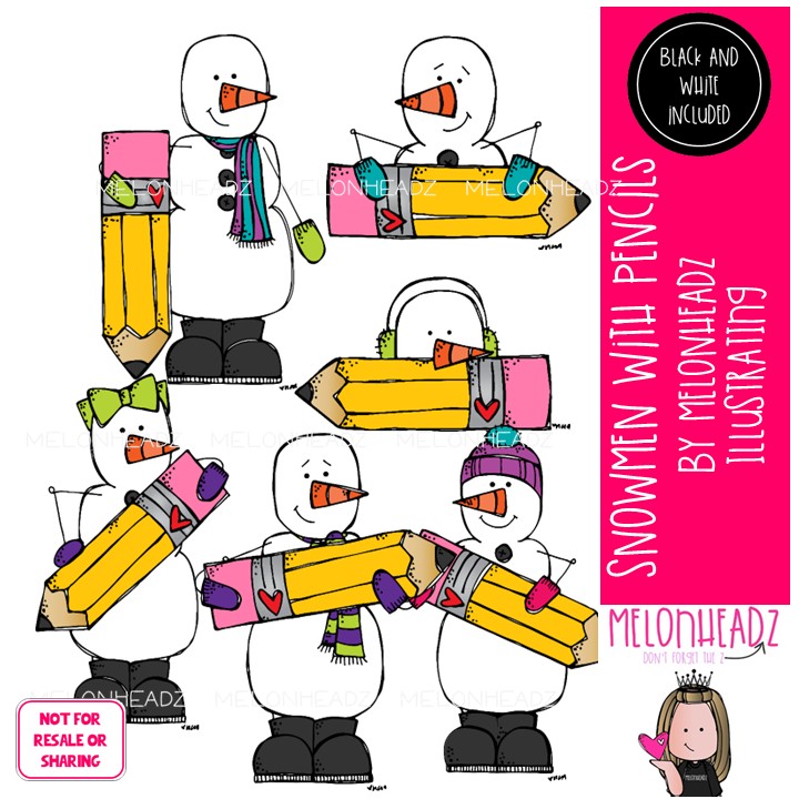 Snowmen with Pencils clip art, Winter clip art Mini