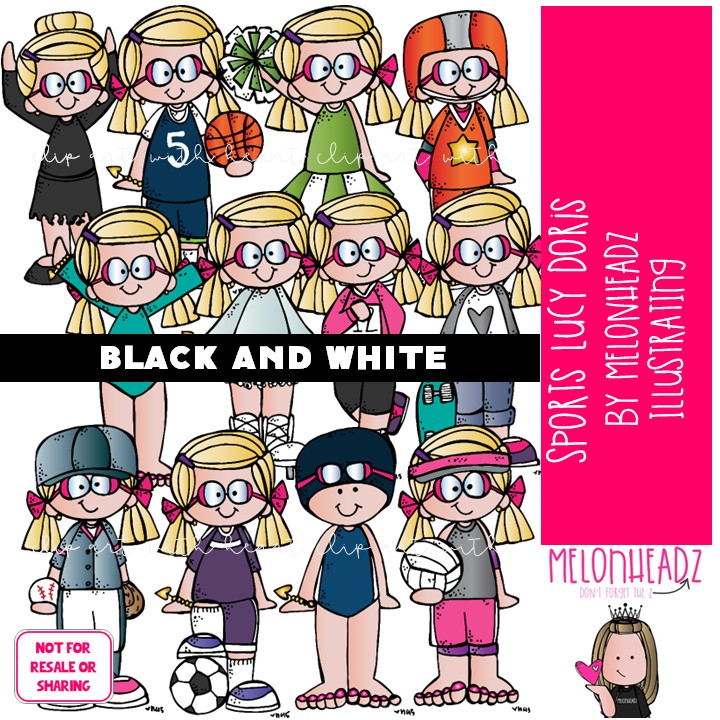 Sports clip art, Lucy Doris, Melonheadz Characters BLACK AND WHITE
