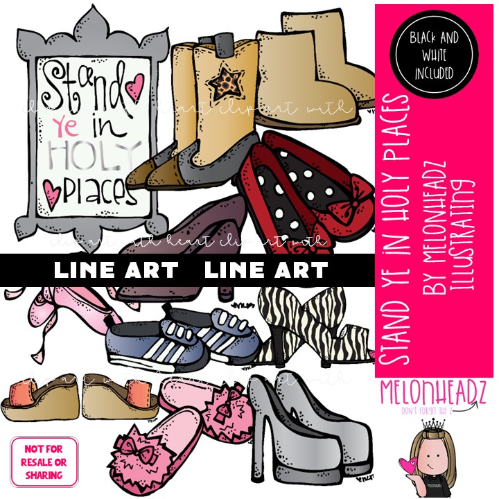 Stand Ye in Holy Places clip art, LDS, shoes LINE ART and BLACK AND WHITE