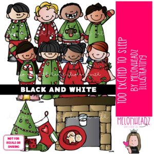 Too excited to sleep clip art, Christmas clip art, Pajama clip art BLACK AND WHITE