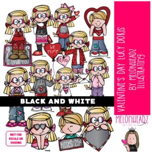 Valentine's Day clip art, Lucy Doris clip art, Melonheadz Character BLACK AND WHITE