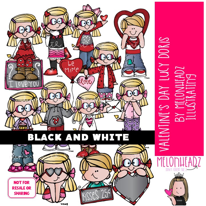 Valentine's Day clip art, Lucy Doris clip art, Melonheadz Character BLACK AND WHITE