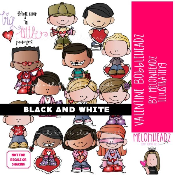 Valentine clip art - Bobbleheadz - BLACK AND WHITE