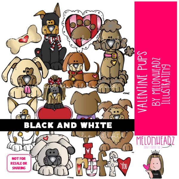 Valentine Pups clip art - BLACK AND WHITE