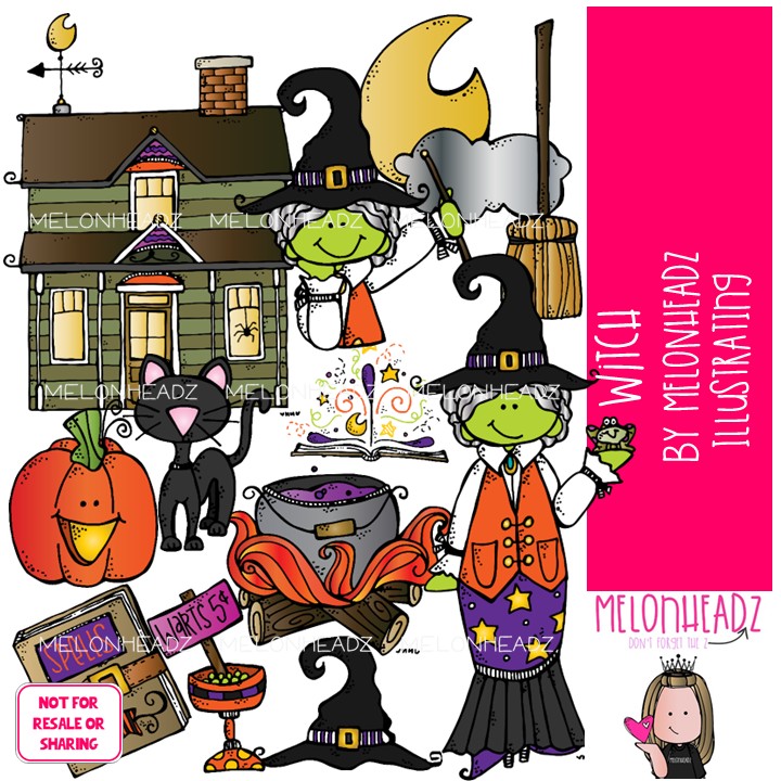 Witch clip art, Halloween, haunted house COLORED Version