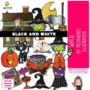Witch clip art, Halloween, haunted house BLACK AND WHITE