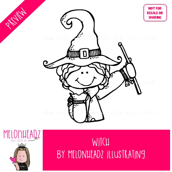 Witch clip art, Halloween, haunted house BLACK AND WHITE - Image 2