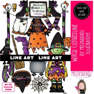 Witch Clothesline clip art, Halloween, clothing LINE ART and BLACK AND WHITE
