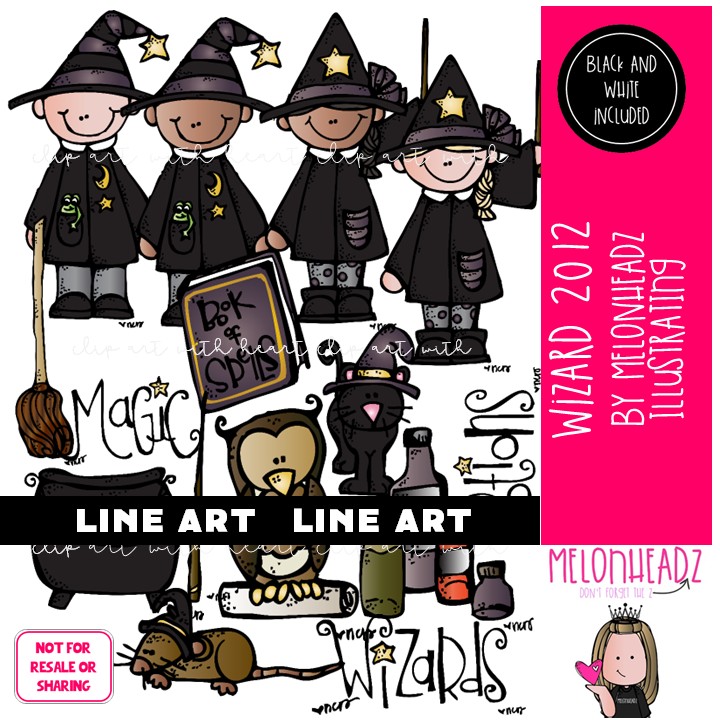 Wizard clip art 2012, witch, cauldron LINE ART and BLACK AND WHITE
