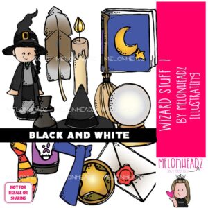 Wizard Stuff clip art 1, crystal ball, witch BLACK AND WHITE