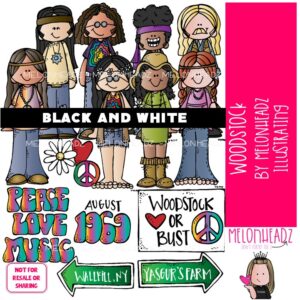 Woodstock clip art, hippie, 1969 BLACK AND WHITE