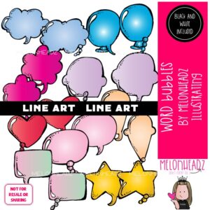 Word bubble clip art, speech, quote, thought LINE ART and BLACK AND WHITE