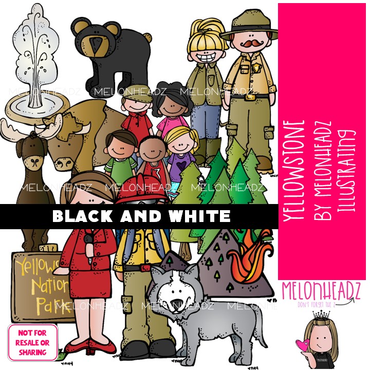 Yellowstone clip art, National Park, geyser BLACK AND WHITE