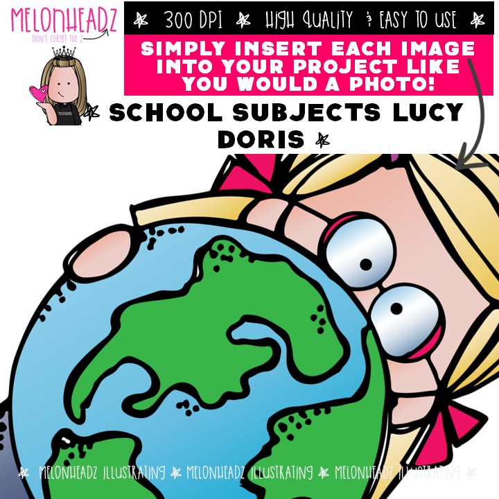 School Subjects clip art, Lucy Doris, Melonheadz Characters COMBO PACK - Image 3