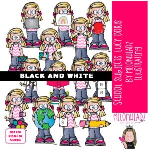 School Subjects clip art, Lucy Doris, Melonheadz Characters BLACK AND WHITE