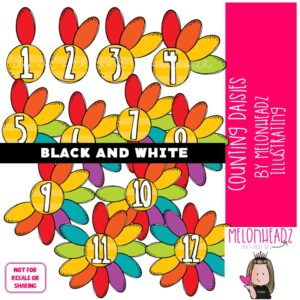 Counting Daisies clip art, math, numbers BLACK AND WHITE