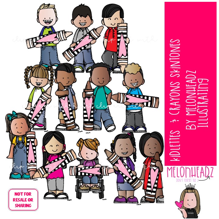 Kidlettes with Crayons clip art, Skin tones, flesh colors COLORED Version