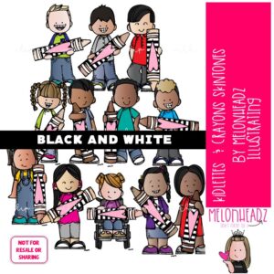 Kidlettes with Crayons clip art, Skin tones, flesh colors BLACK AND WHITE