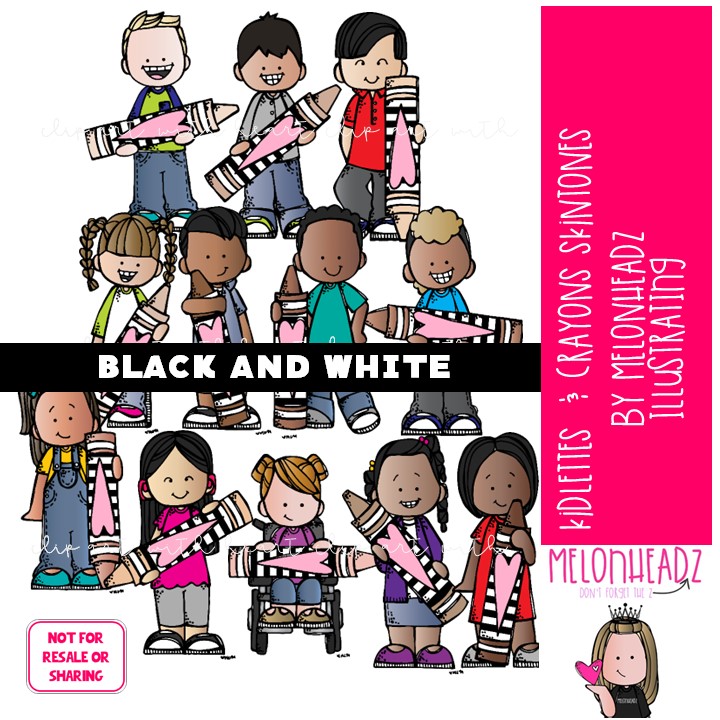 Kidlettes with Crayons clip art, Skin tones, flesh colors BLACK AND WHITE
