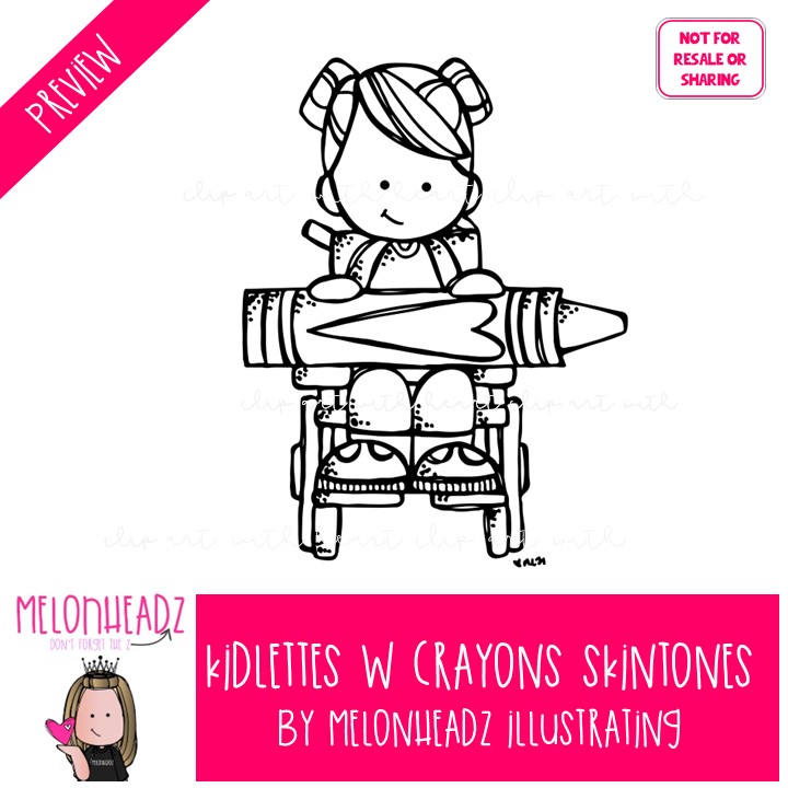 Kidlettes with Crayons clip art, Skin tones, flesh colors BLACK AND WHITE - Image 2