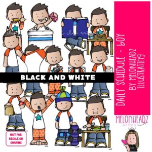 Daily Schedule clip art, boy, task, sequence BLACK AND WHITE