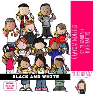 Crayon Kidlettes clip art, multiracial, art BLACK AND WHITE