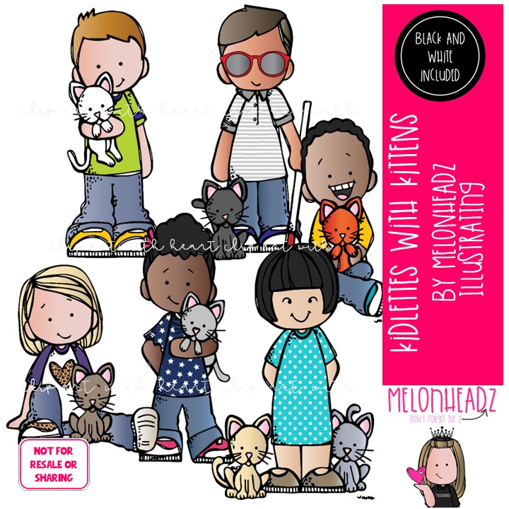 Kidlettes with Kittens clip art, pet cat Mini