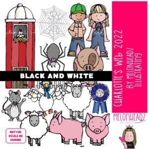 Charlotte's Web clip art 2022, book companion, literature BLACK AND WHITE