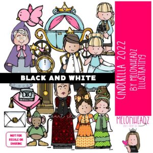Cinderella clip art 2022, princess, literature, book companion BLACK AND WHITE