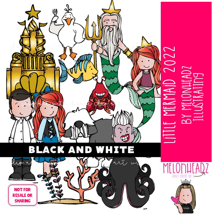 Little Mermaid clip art 2022, literature, book companion BLACK AND WHITE