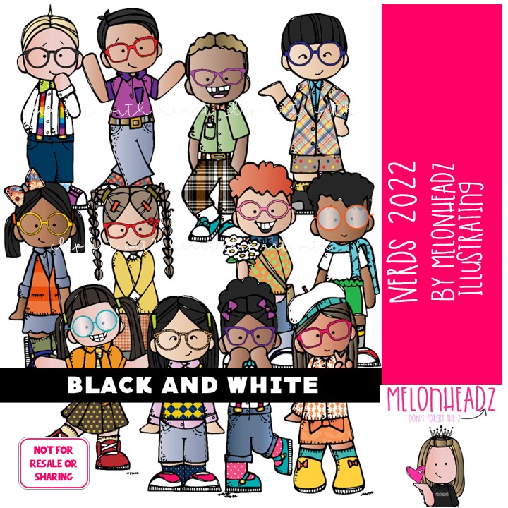 Nerds clip art 2022, Kidlettes clip art BLACK AND WHITE
