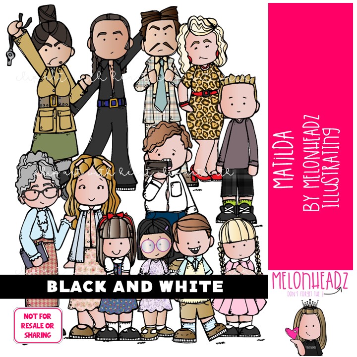 Matilda clip art, literature, book companion BLACK AND WHITE