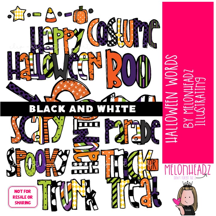 Halloween Words clip art, arrow, page break BLACK AND WHITE