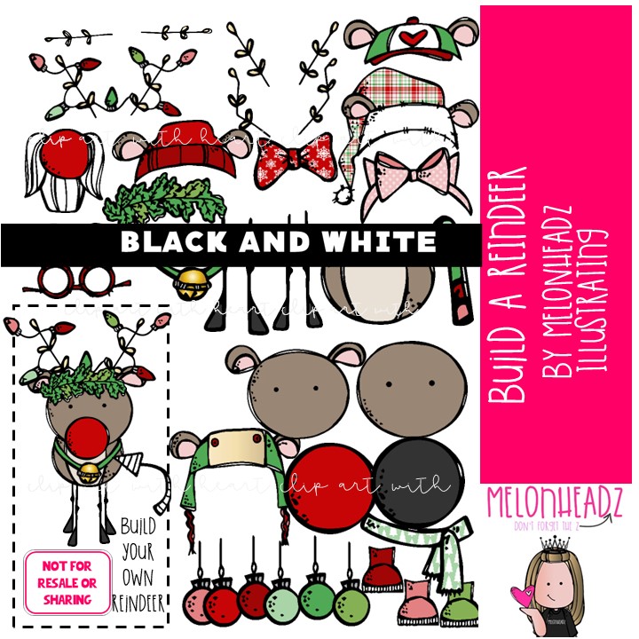 Build A Reindeer clip art, Christmas clip art BLACK AND WHITE
