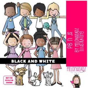 PB n Js clipart, kids, pets BLACK AND WHITE