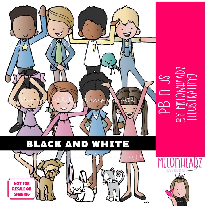PB n Js clipart, kids, pets BLACK AND WHITE