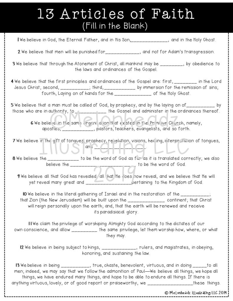 FREEBIE – Articles of Faith fill in the blank Page LDS – Printable ...