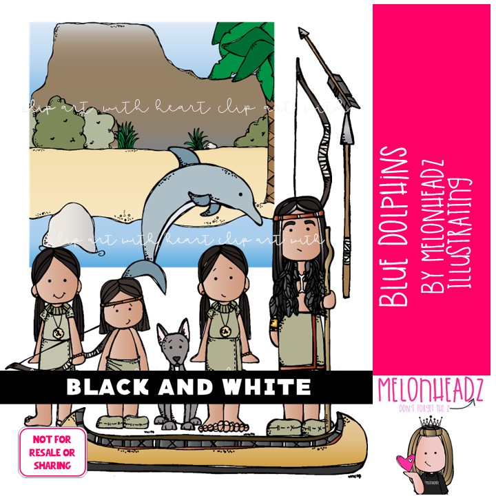 Blue Dolphins clip art, literature, book companion BLACK AND WHITE