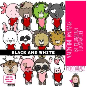 Valentine Animals clip art, Holiday clip art BLACK AND WHITE
