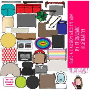 Build A Classroom clip art, Birds eye, furniture, COLORED Version