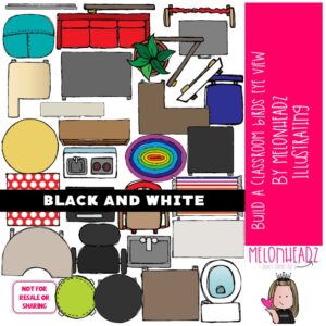 Build A Classroom clip art, Birds eye view, furniture BLACK AND WHITE
