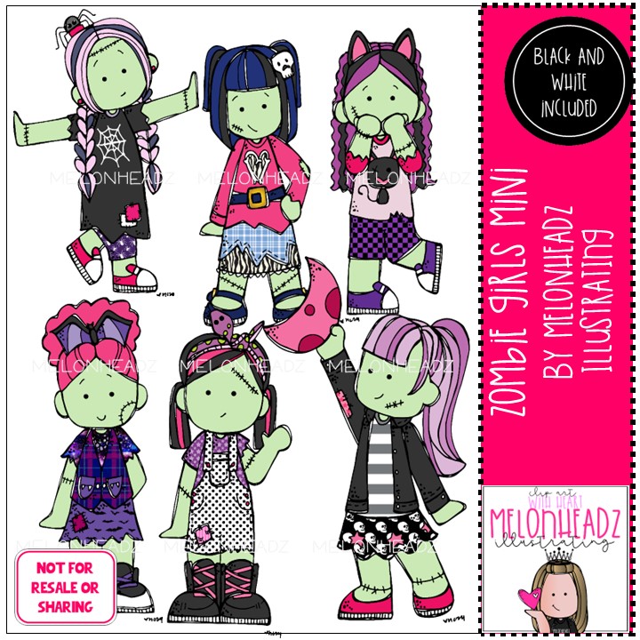 Zombie Girls clip art digi stamp Mini - Melonheadz Illustrating