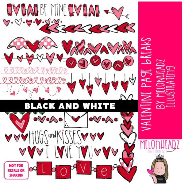 Valentine Page Breaks clip art digi stamp BLACK AND WHITE