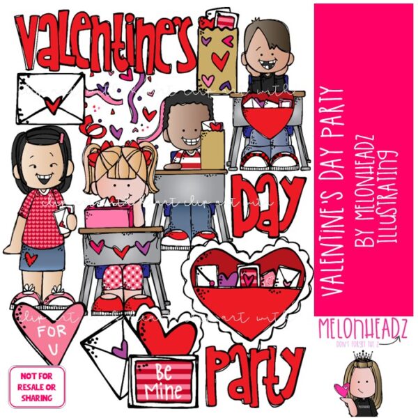 Valentine Party clip art digi stamp COLORED