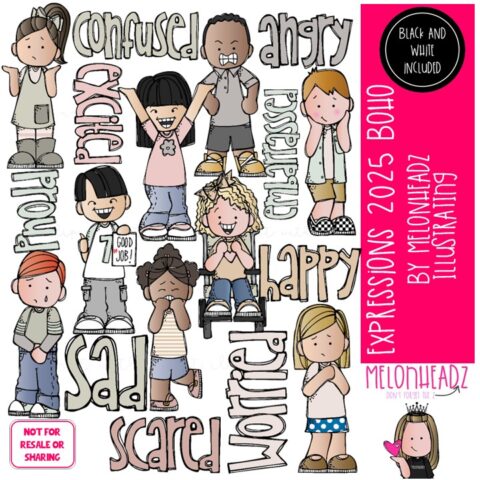 Expressions clip art 2025, Emotions, Feelings COMBO PACK BOHO - Melonheadz
