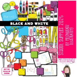 School Supplies clip art, Office Supply clip art BLACK AND WHITE