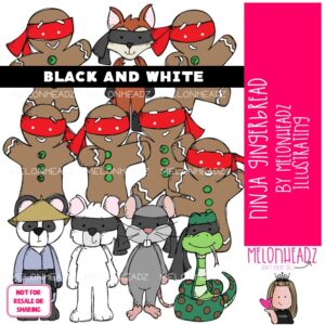 Ninja Gingerbread clip art, Book Companion clip art, Literature BLACK AND WHITE